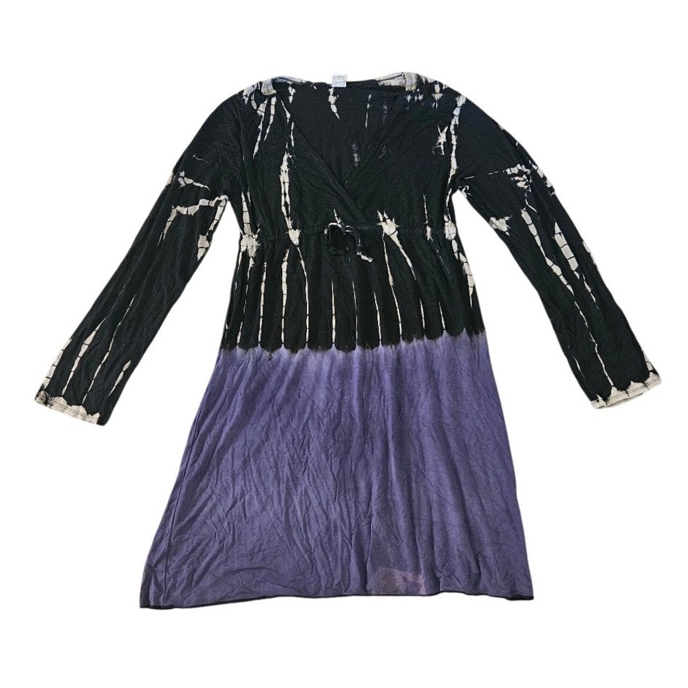 Kathmandu Imports Tie Dye Tunic Dress Womens XS Black Purple Long Sleeve V-Neck